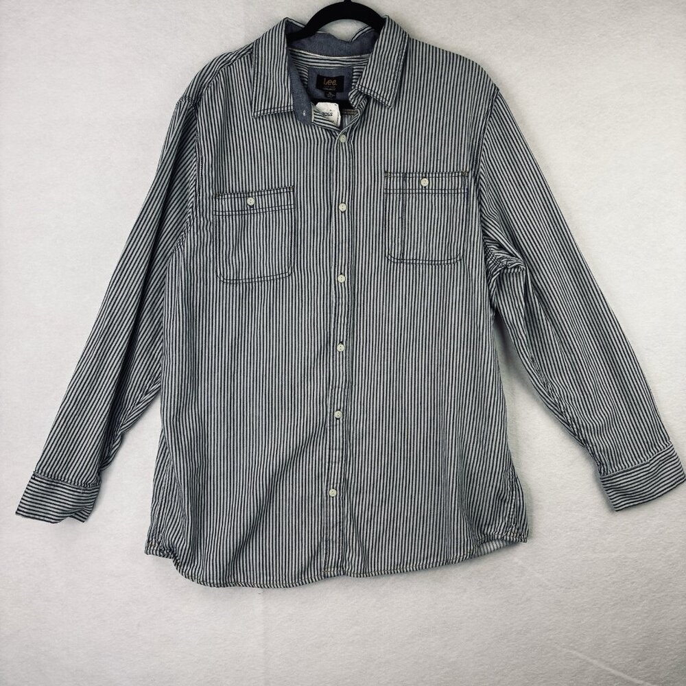 Lee Regular Fit Mens XL Button Up Long Sleeve Collard Shirt Grey White Strip NWT